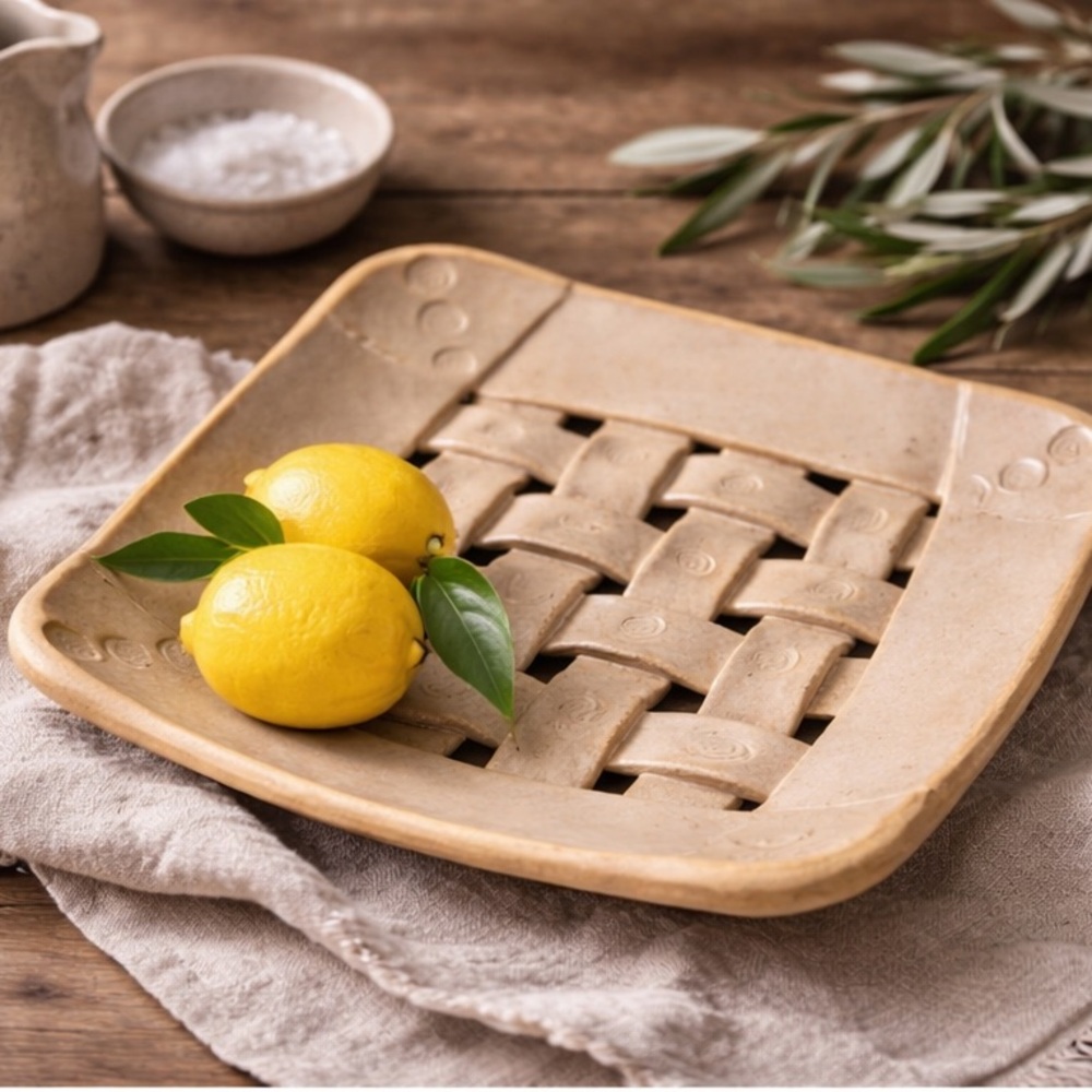 Signed Handmade Pottery Basket-Weave Tray | Neutral Stoneware Décor VTG